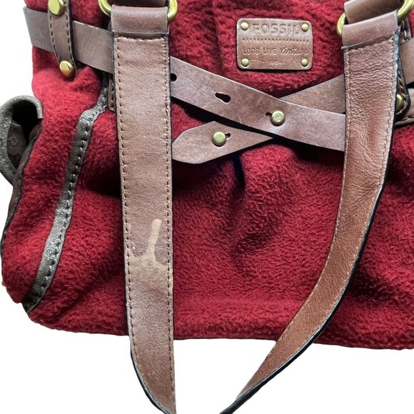 Fossil Tote Bag Womens Red Fleece With Brown Leather Trim Adrina Inner Pockets - Picture 3 of 16